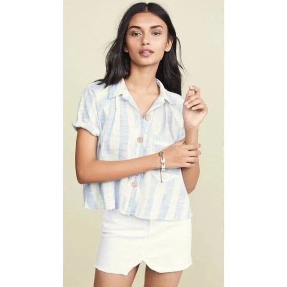 Free People Away At Sea Striped Cotton & Linen Raw Hem Button Down Blouse - Picture 1 of 15